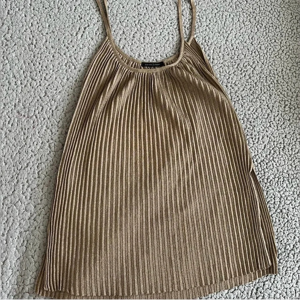 Women’s Roberto Collina Beige Gold Metallic Pleated Rayon Knit Tank Top Cami M